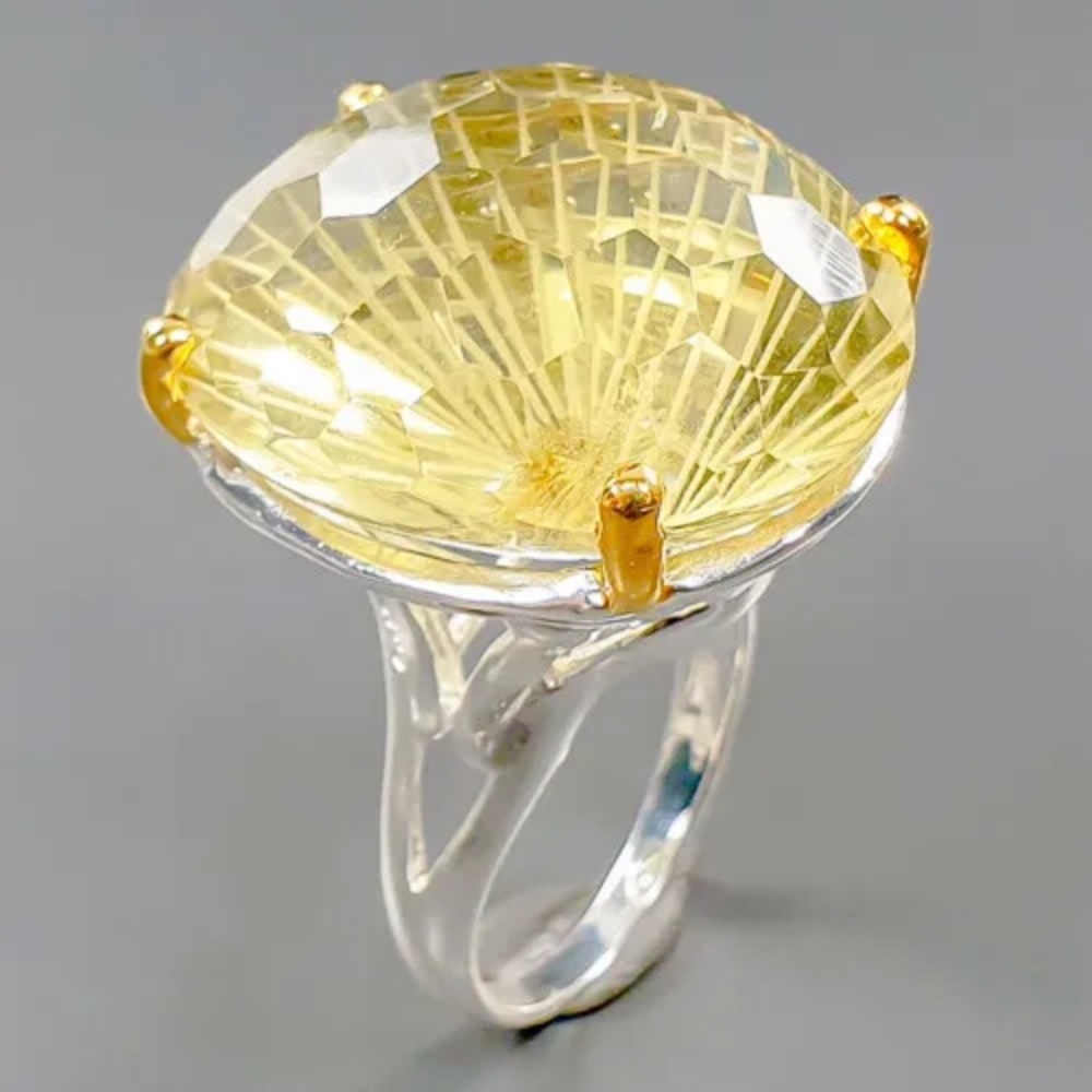 IF 40 ct NON ENHANCED LEMON QUARTZ RING 925 STERLING SILVER, SIZE 8